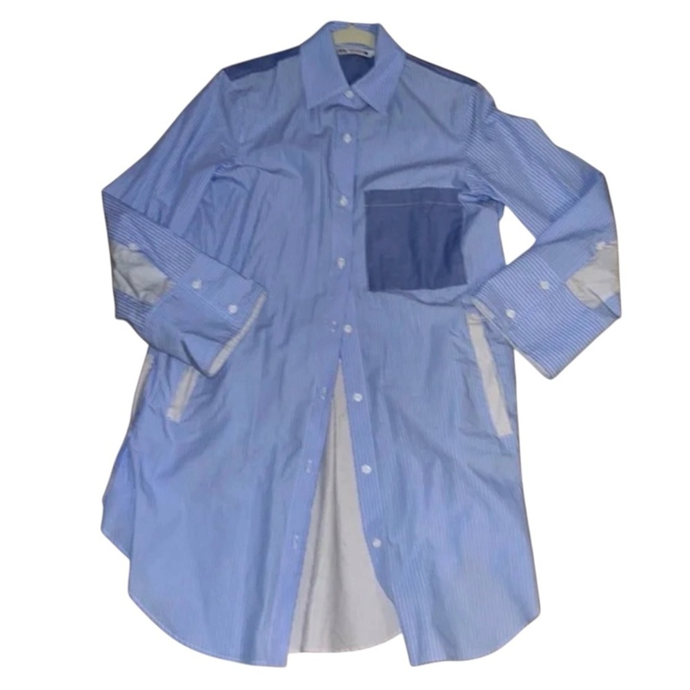 Zara Light Blue Striped Button-Down Shirt with Dark Blue Pocket